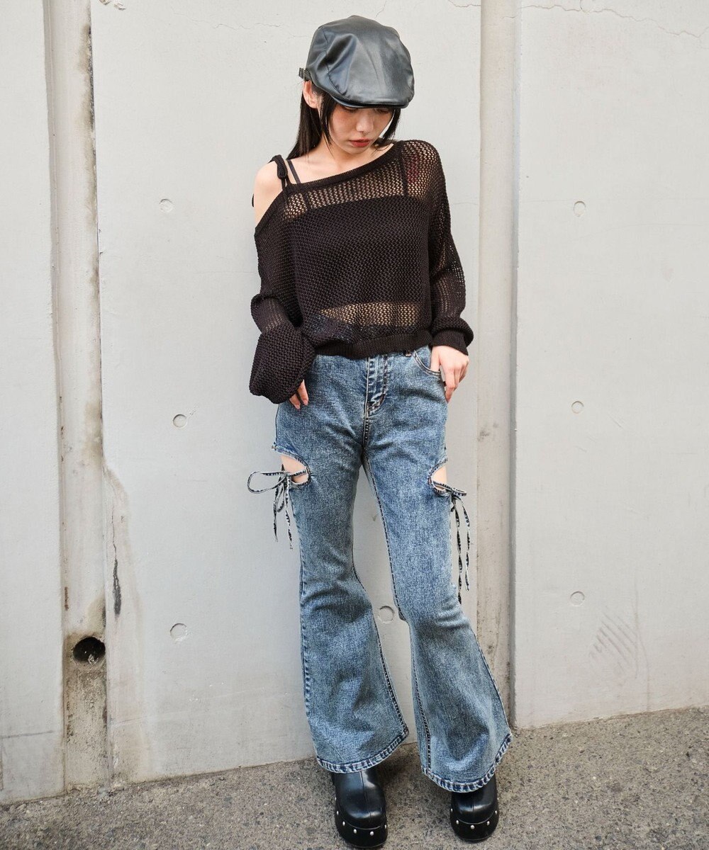 WEGO カットアウトリボンストレッチデニムフレアパンツ 