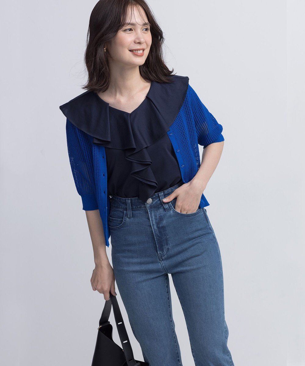 組曲 L 【前後着用可】メッシュ5分袖ニット カーディガン 