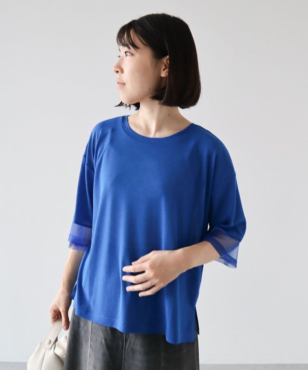 Green Parks 袖チュールドッキングシアー５分袖プルオーバー 