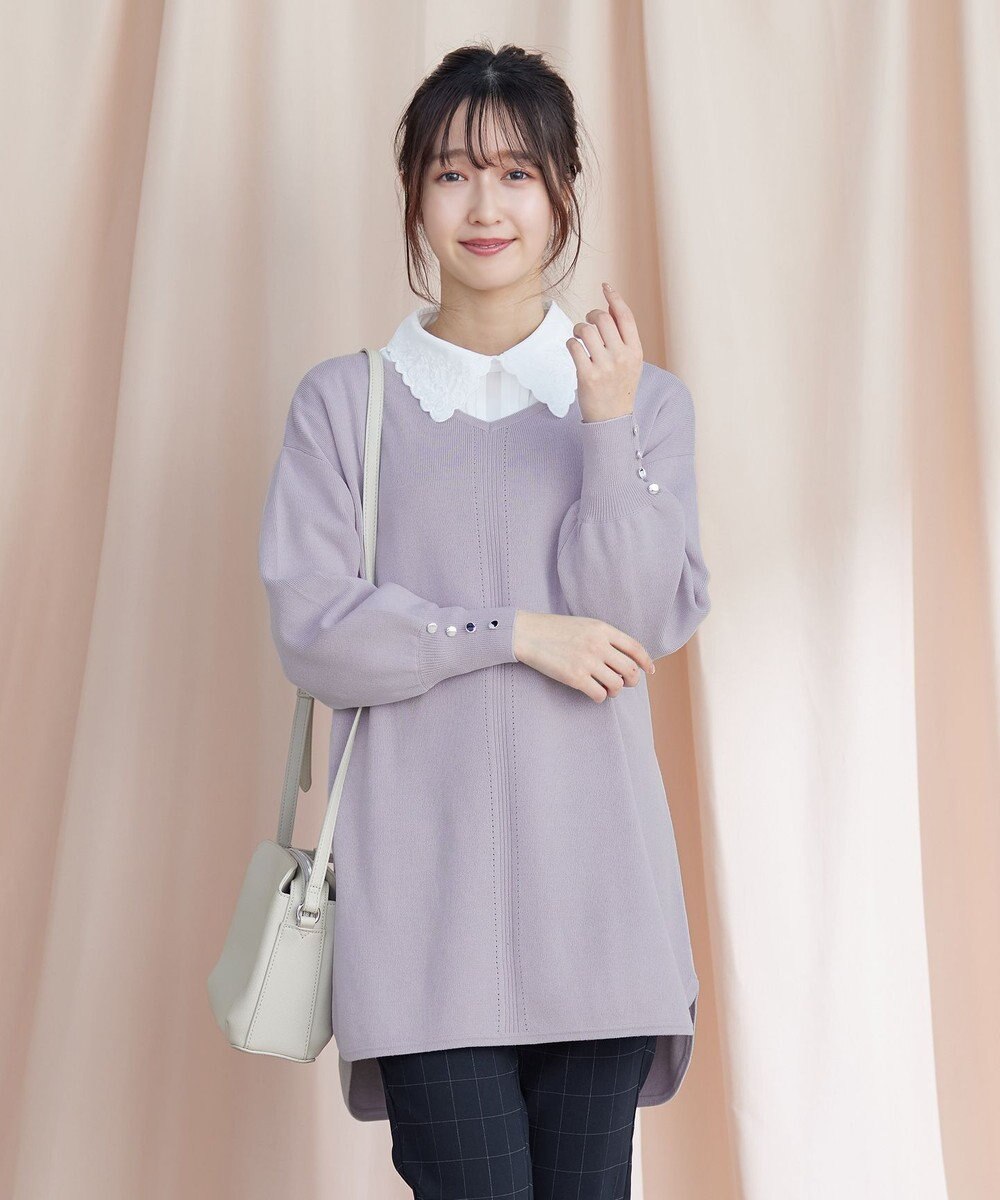 Tiaclasse L 【洗える】襟刺繍ピンタックブラウス 