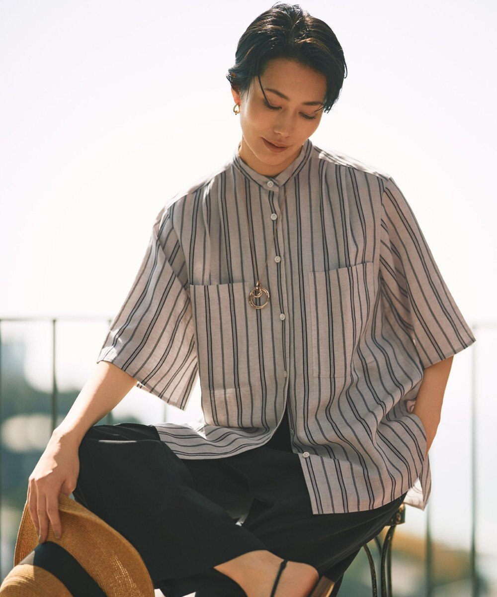 自由区 S 【カタログ掲載・セットアップ対応・洗える】リネンビスコースストライプ シャツ 