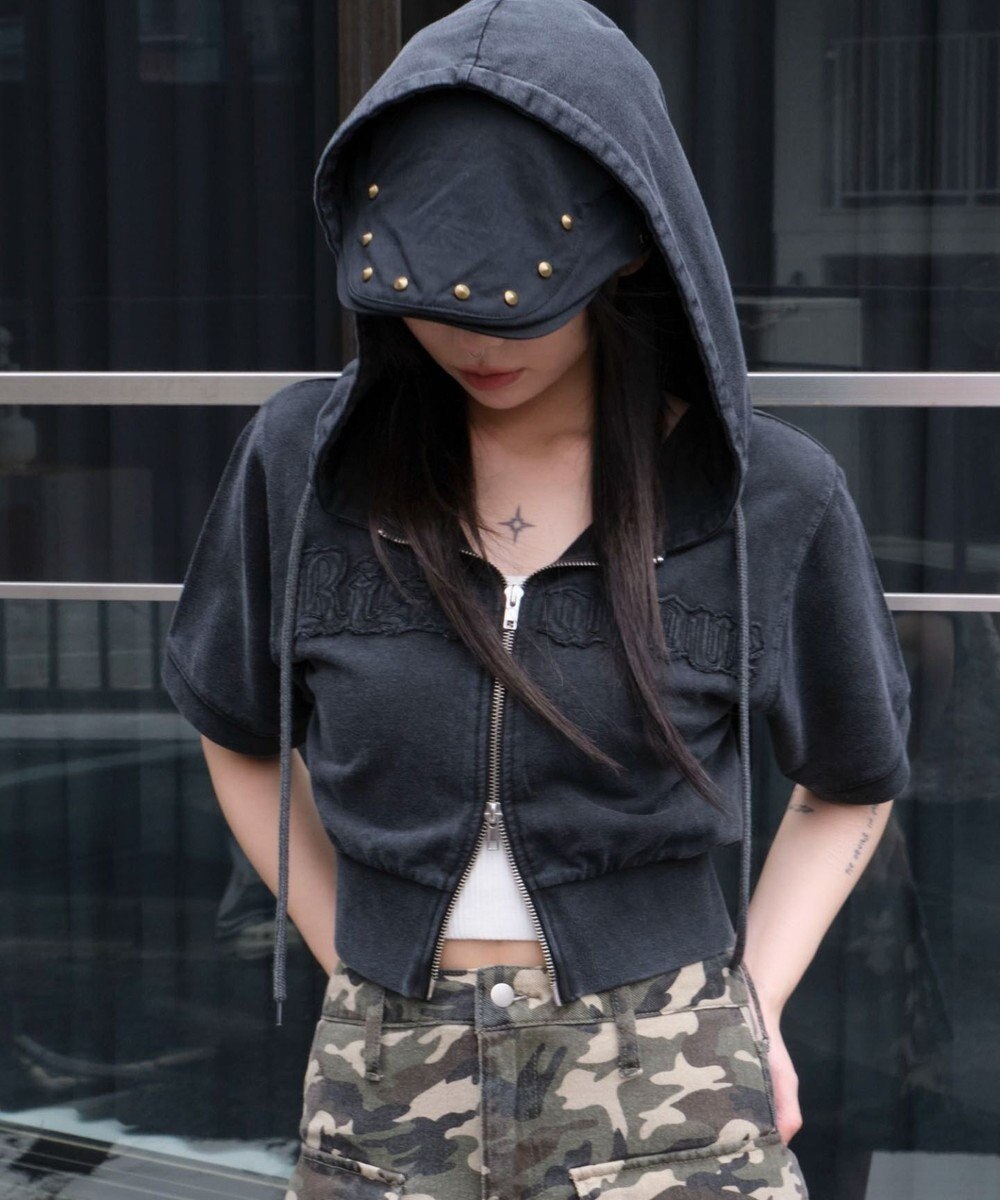 WEGO ヴィンテージウォッシュロゴ半袖パーカー 