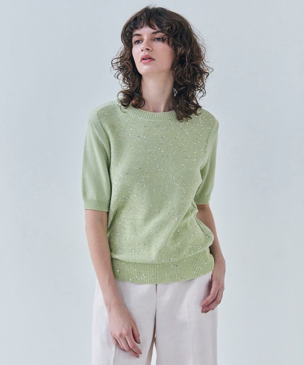 BEIGE， 【洗える】FENNEL / コットンスパンコール半袖ニット 