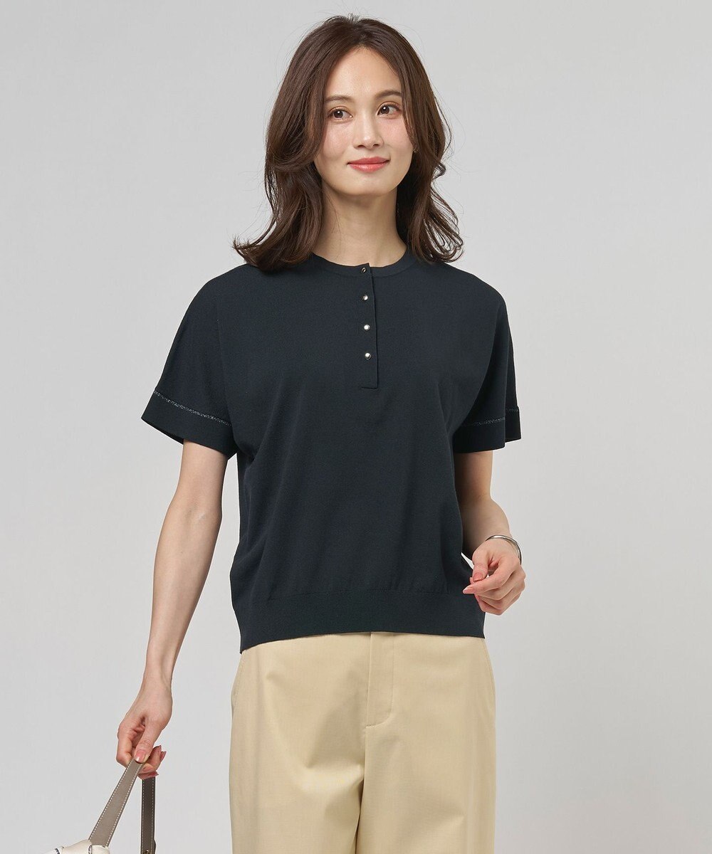 J.PRESS LADIES L COOL MINT COTTON POLYESTER ヘンリーネック ニット プルオーバー 
