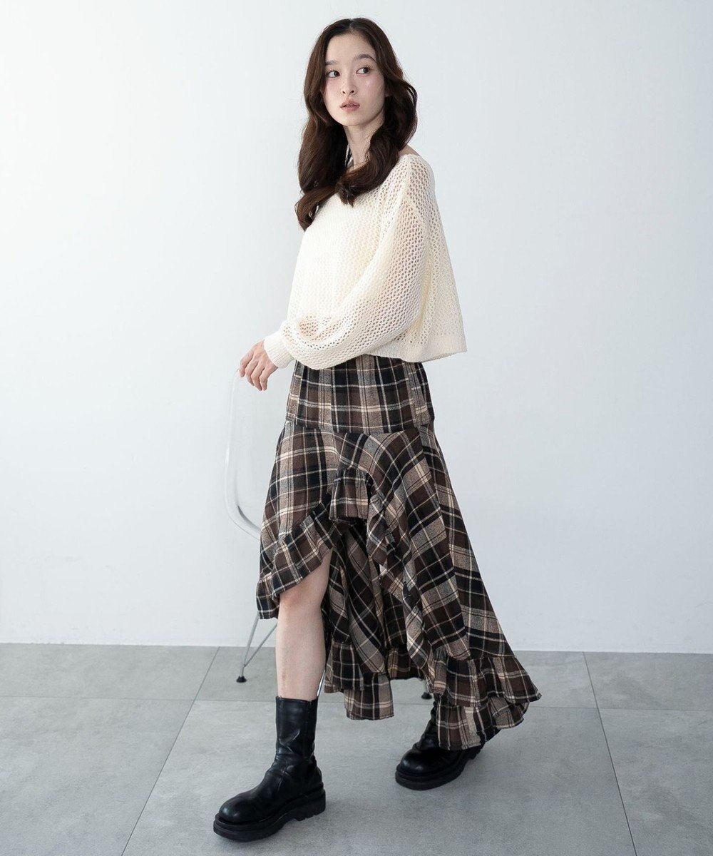WEGO チェックアシンメトリーフリルロングスカート 