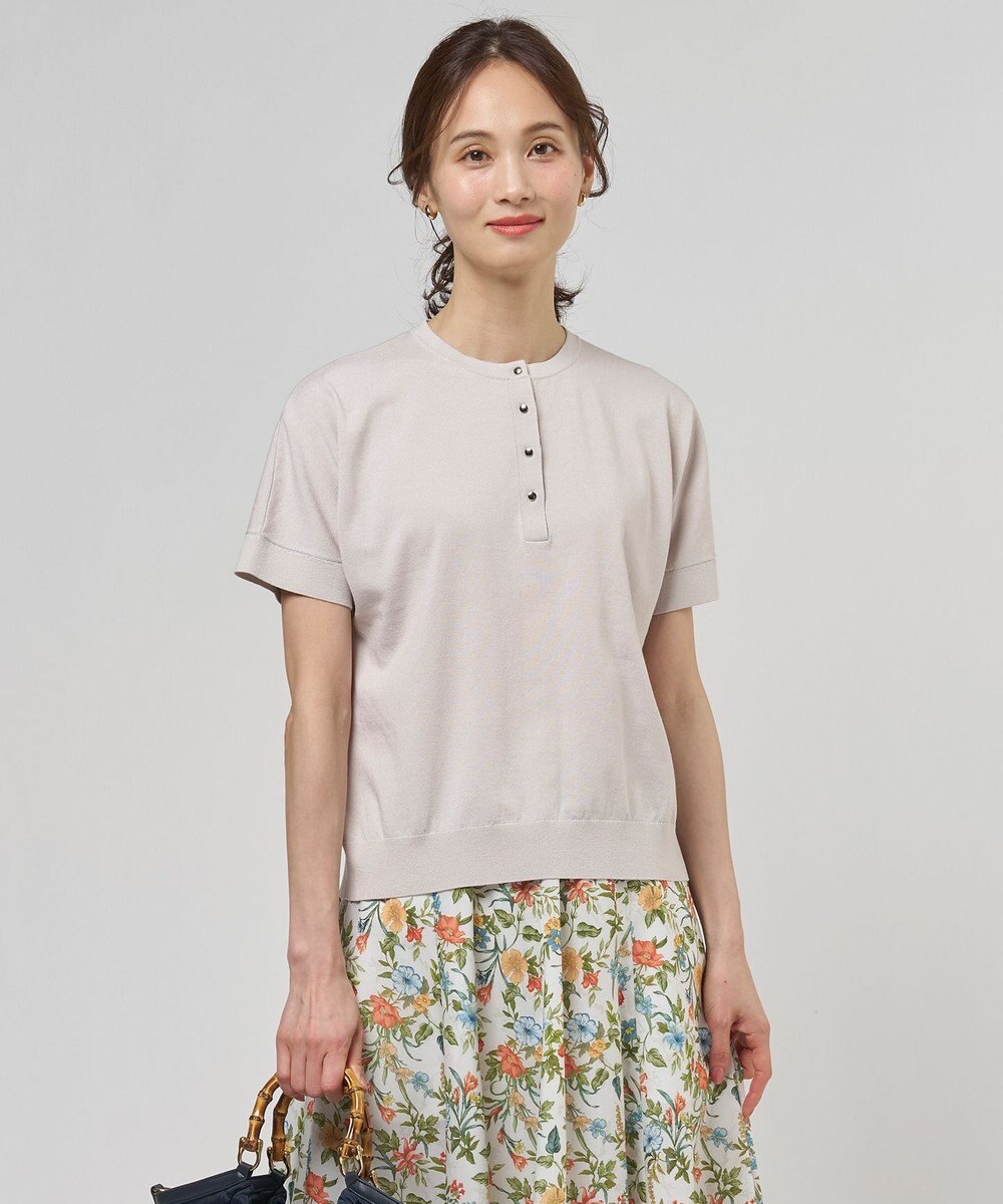 J.PRESS LADIES L COOL MINT COTTON POLYESTER ヘンリーネック ニット プルオーバー 