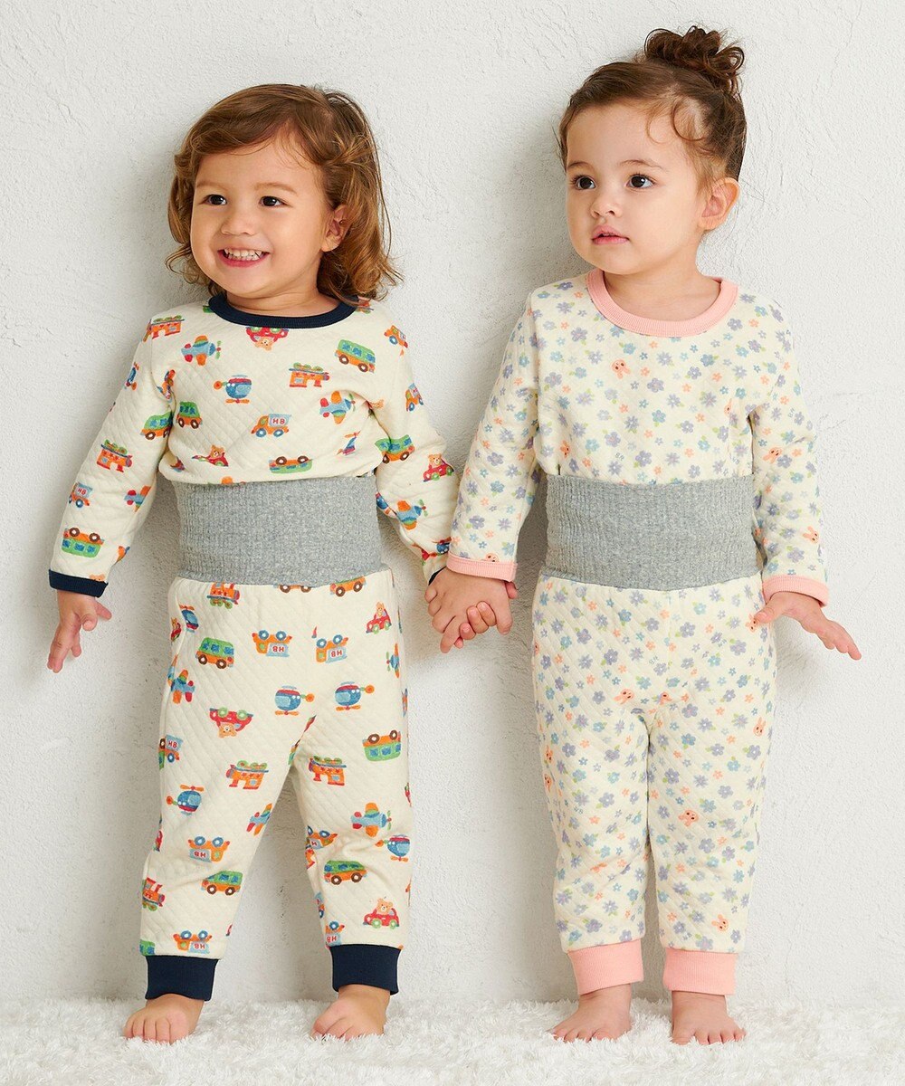 MIKI HOUSE HOT BISCUITS 【80-120cm】 あったかキルト素材 小花柄 腹巻き付き長袖パジャマ 