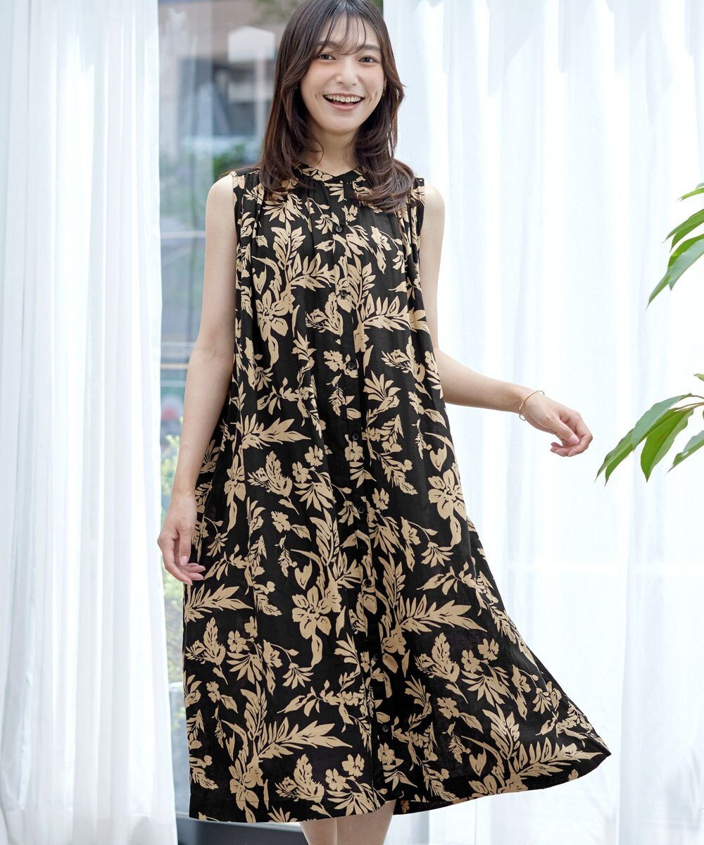 Tiaclasse 【洗える】麻レーヨンボタニカルシャツワンピース 