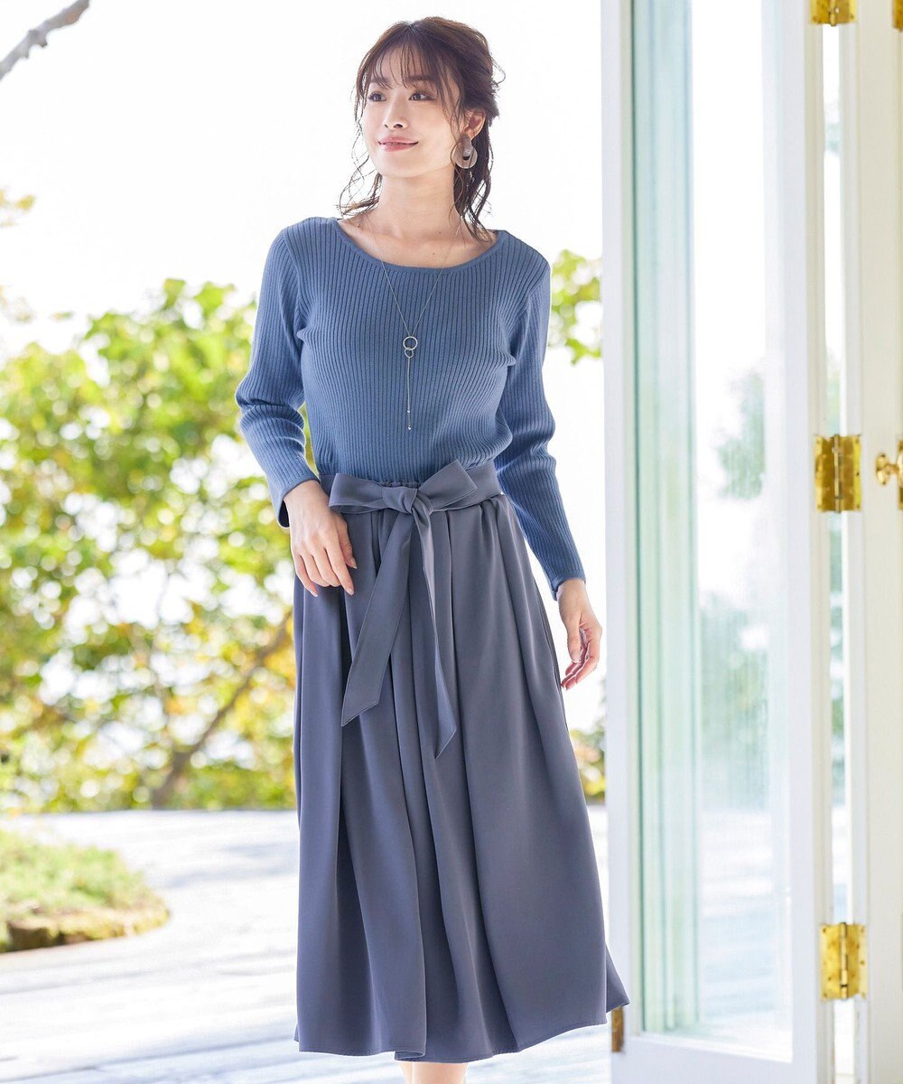 Tiaclasse 【洗える】異素材を組み合わせたミモレ丈リブコンビワンピース 