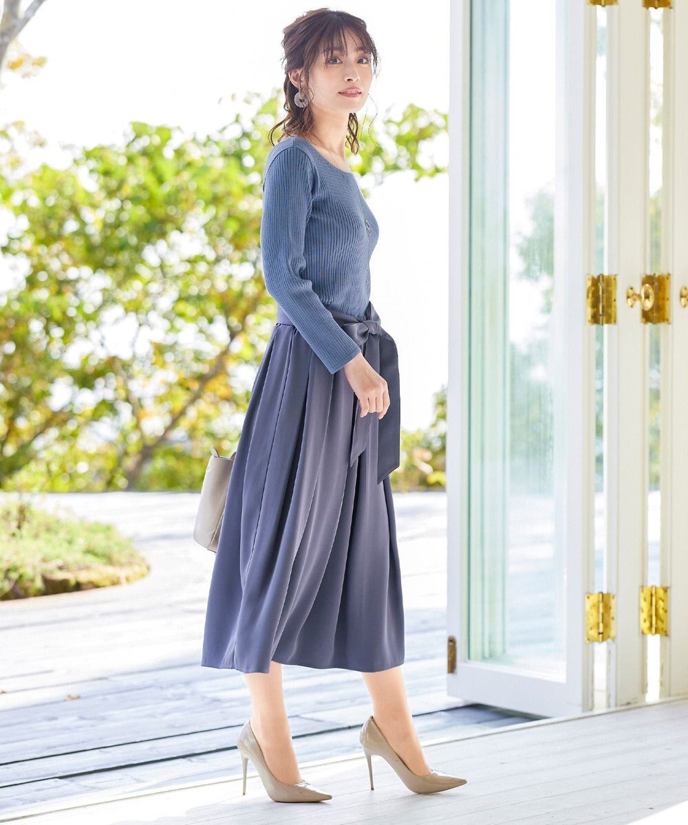 Tiaclasse 【洗える】異素材を組み合わせたミモレ丈リブコンビワンピース 