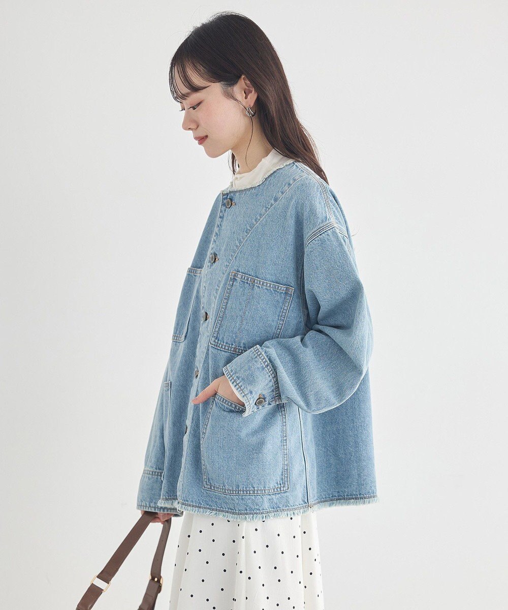 earth music&ecology 【綿100％】デニムノーカラーカバーオール 