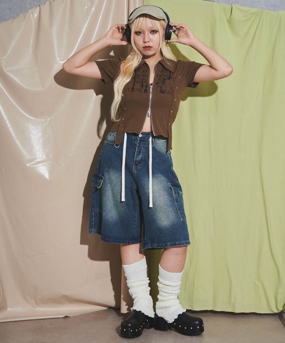 WEGO WジップスタッズクロップドSSトップス 