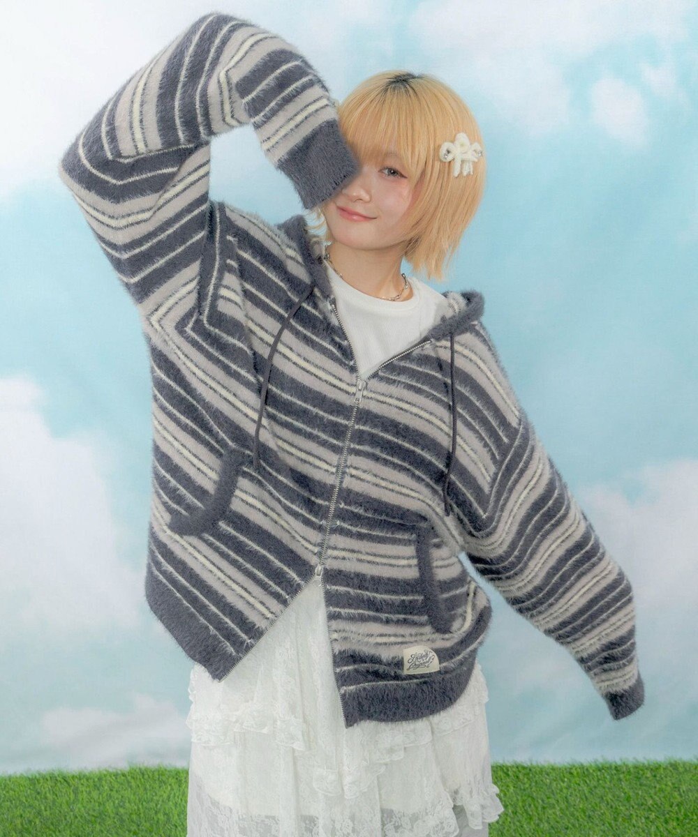 WEGO 【ユニセックス着用ITEM】シャギーボーダーニットパーカー 