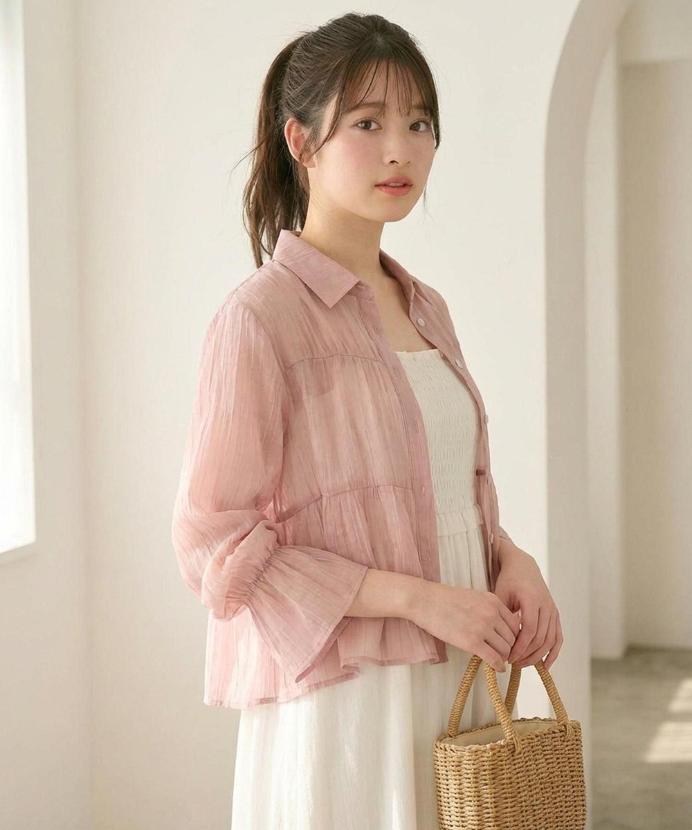 Feroux 【洗える】シャーリング シアーシャツ 