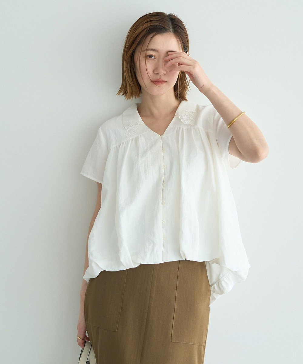 YECCA VECCA 刺繍カラーバルーンヘムブラウス 