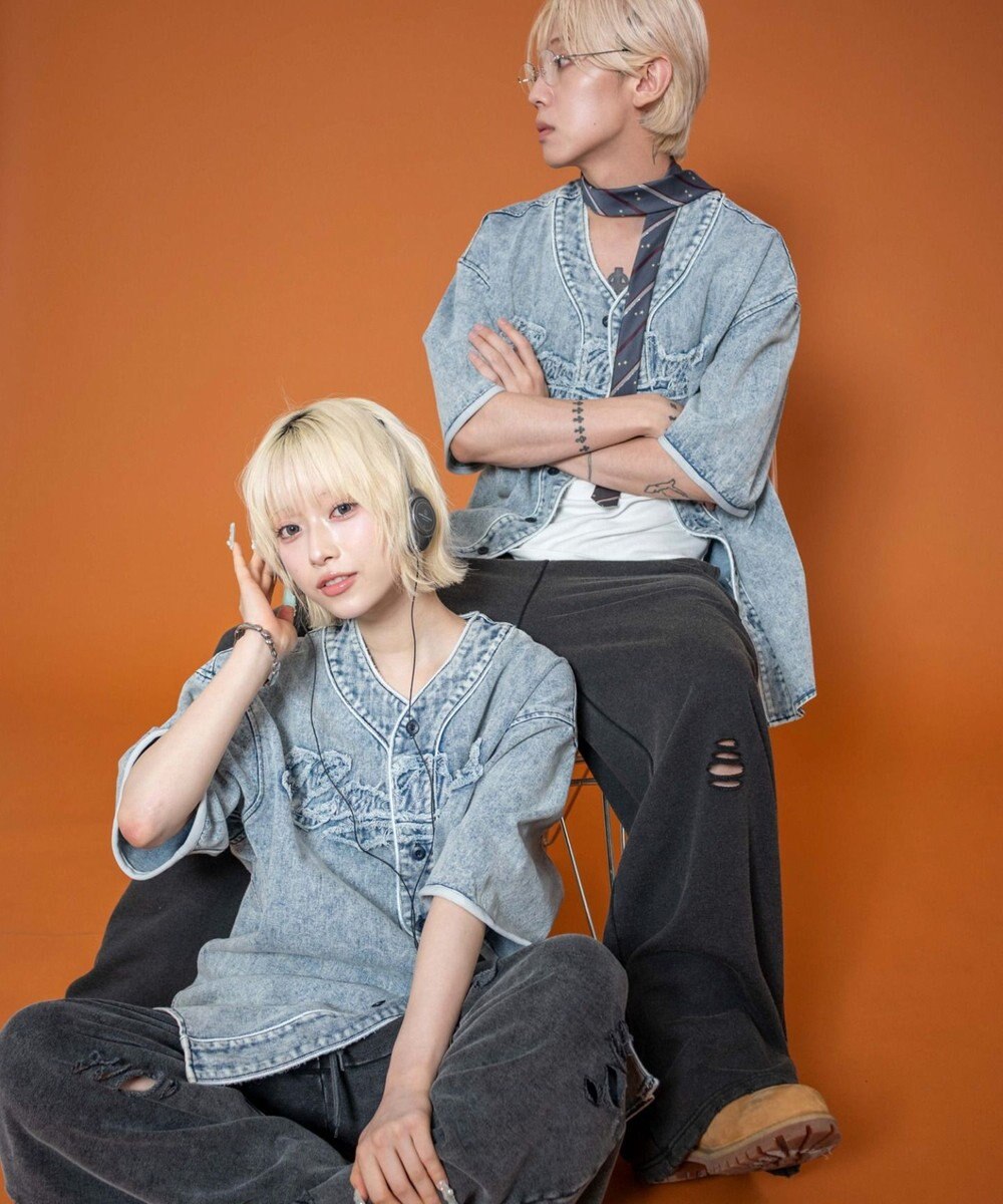 WEGO 【ユニセックス着用ITEM】ベースボールデニムグラフィックシャツ（SS） 