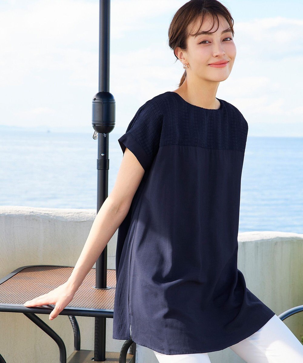 Tiaclasse L 【洗える】シアーコンビチュニックブラウス 