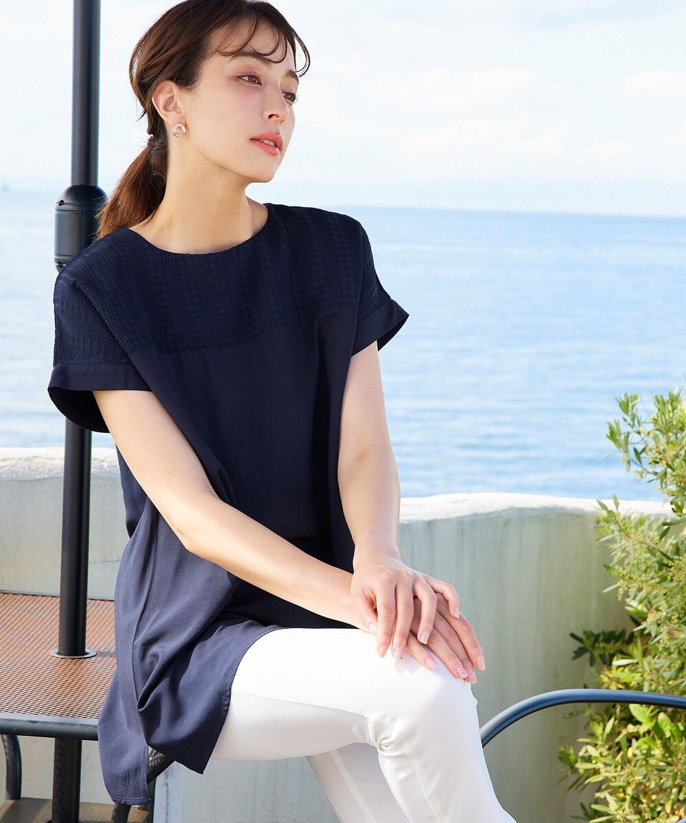 Tiaclasse L 【洗える】シアーコンビチュニックブラウス 