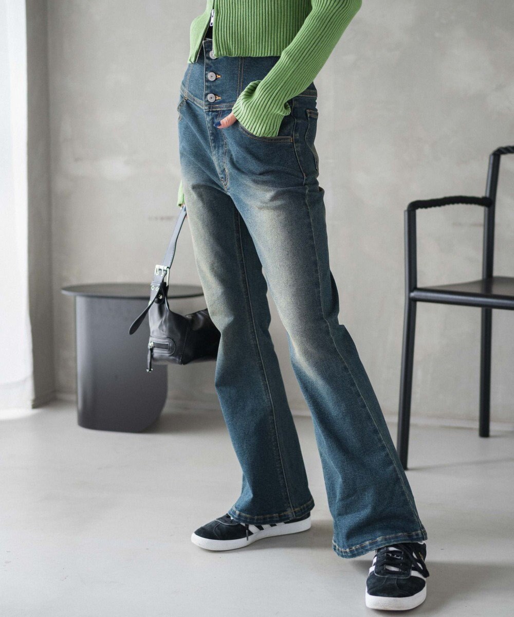 WEGO ハイウエストストレッチフレアデニムパンツ 