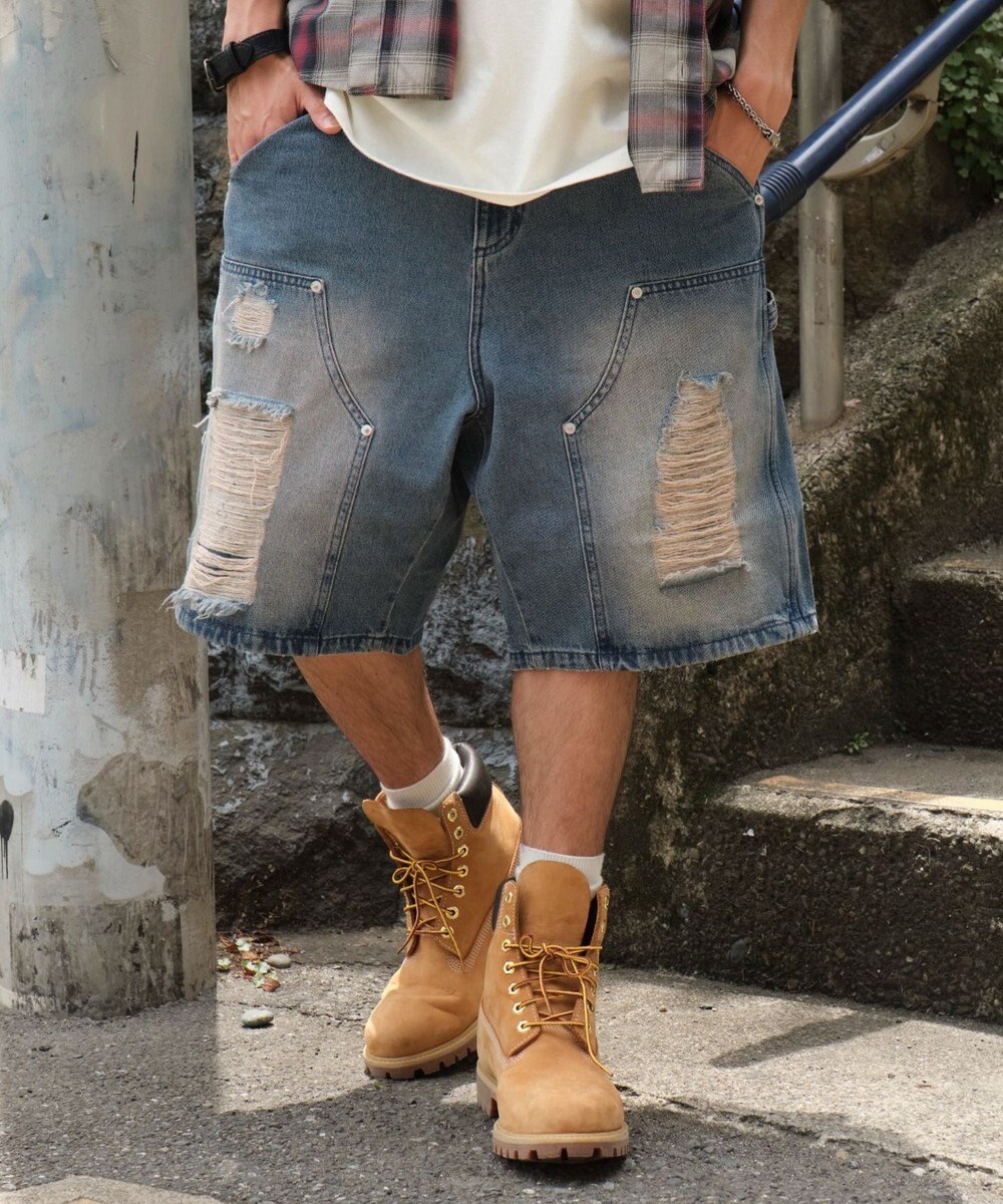 WEGO ダブルニーダメージデニムショーツ 