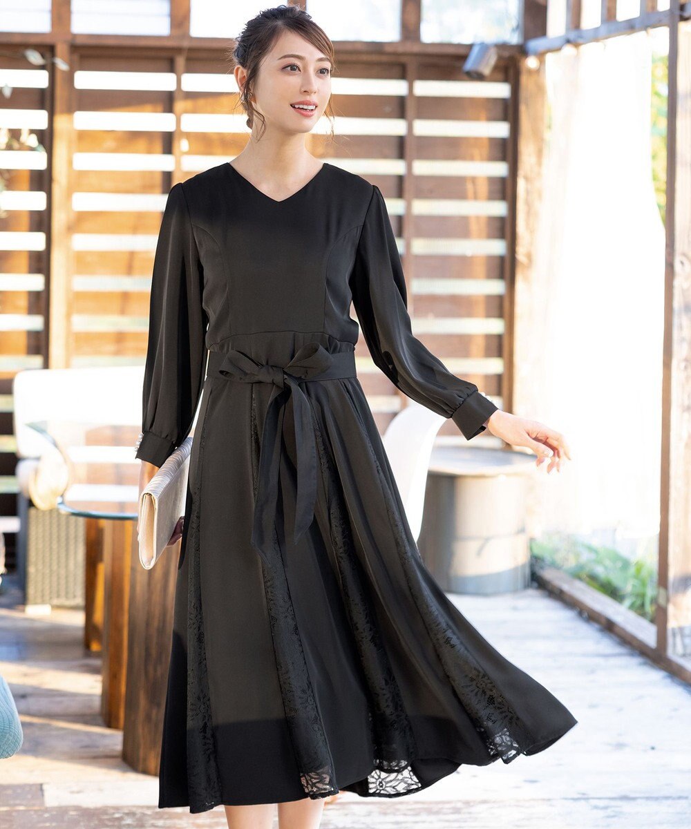 Tiaclasse L 【洗える】レース切り替えフレアワンピース 