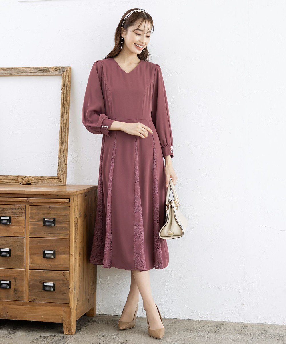 Tiaclasse L 【洗える】レース切り替えフレアワンピース 