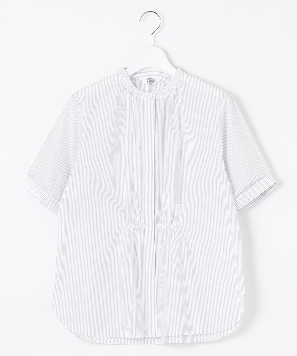 J.PRESS LADIES L 【洗える】APESCO ストライプ バンドカラー ブラウス 