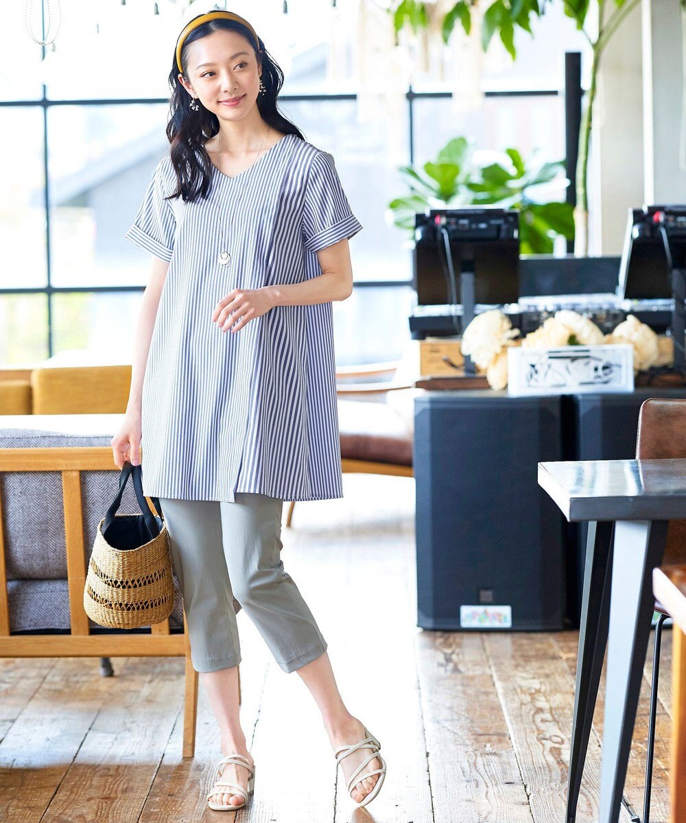 Tiaclasse 【洗える】体型カバーも叶うアシンメトリーストライプチュニックブラウス 