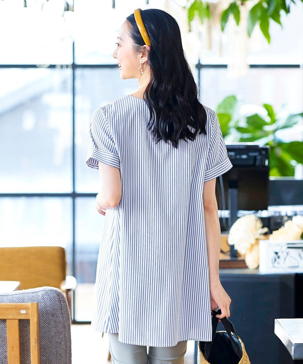 Tiaclasse 【洗える】体型カバーも叶うアシンメトリーストライプチュニックブラウス 