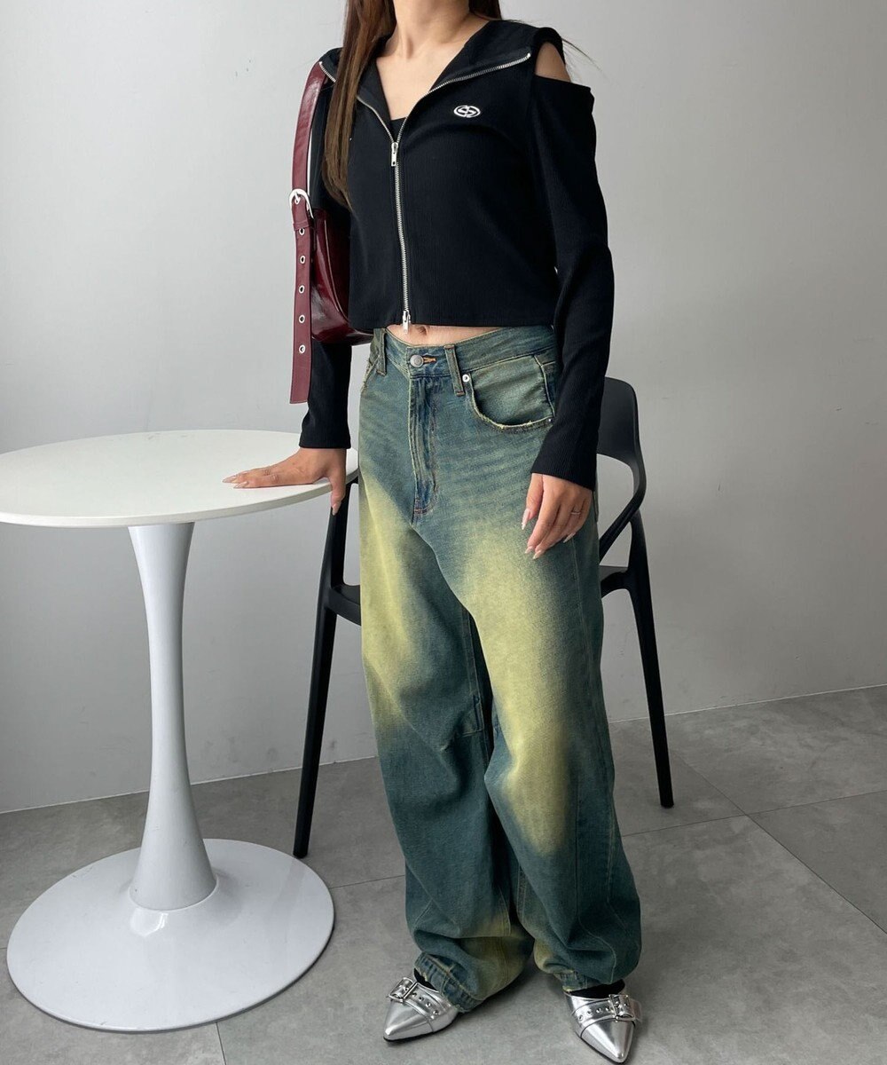 WEGO オープンショルダーダブルジップパーカー 