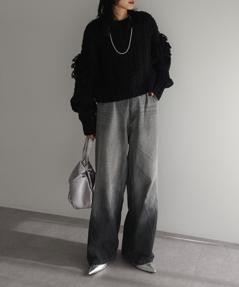 Green Parks フリンジスリーブショート丈ケーブルニット 