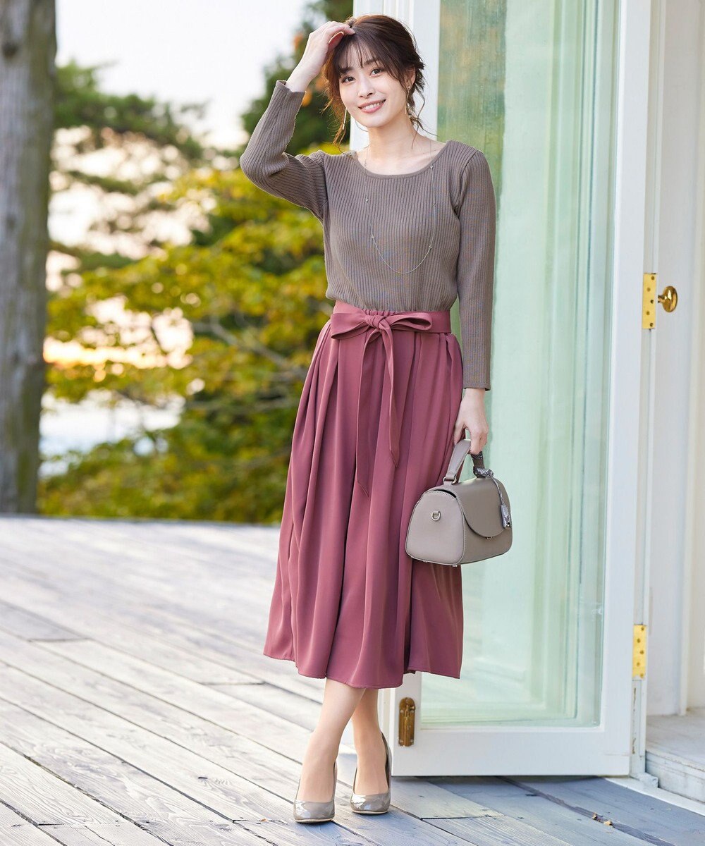 Tiaclasse L 【洗える】異素材を組み合わせたミモレ丈リブコンビワンピース 