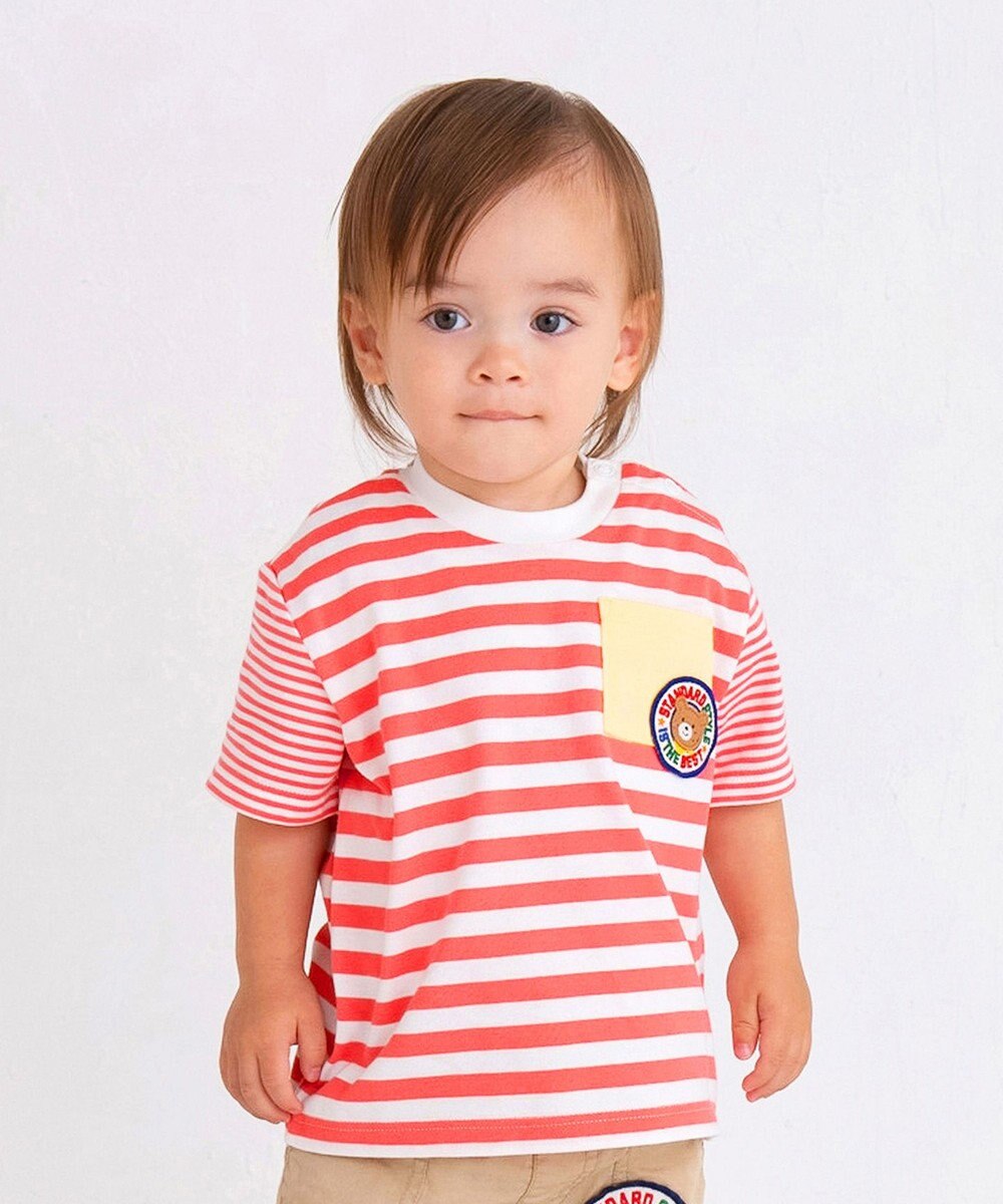 MIKI HOUSE HOT BISCUITS 【80-120cm】 ポケット付き 先染め ボーダー柄 半袖Tシャツ 