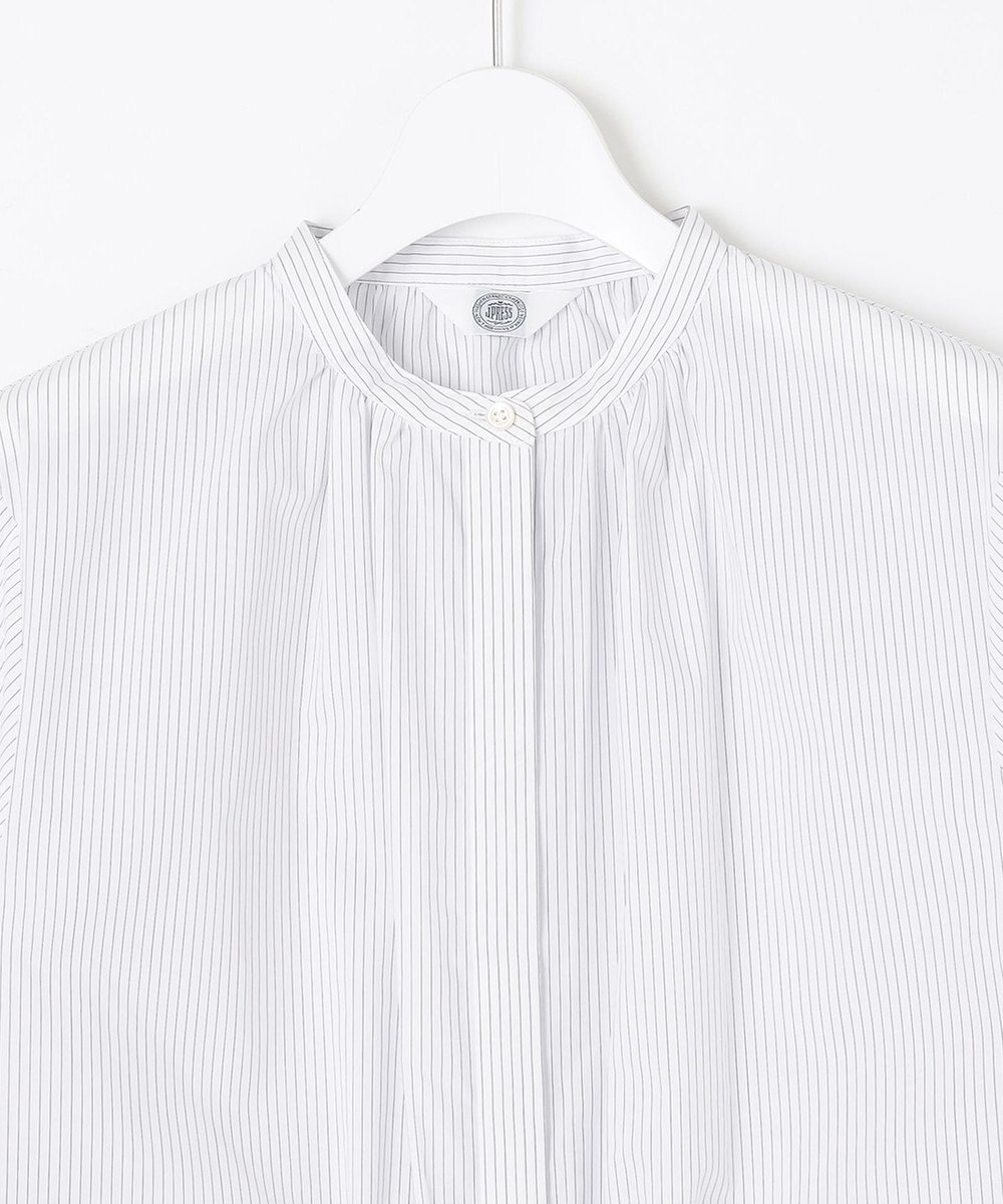 J.PRESS LADIES L 【洗える】APESCO ストライプ バンドカラー ブラウス 