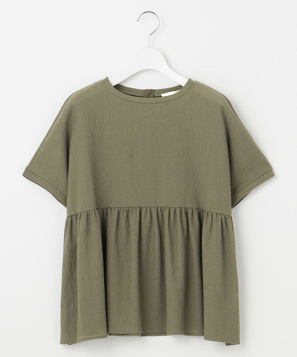 自由区 【洗える】リネンサッカーコンビペプラム カットソー 