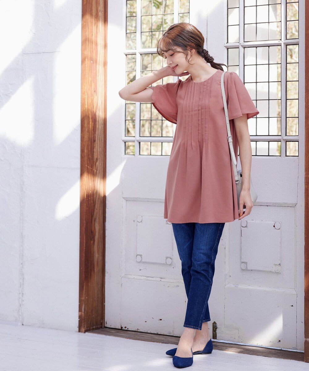 Tiaclasse L 【洗える】麻調ピンタックチュニックブラウス 