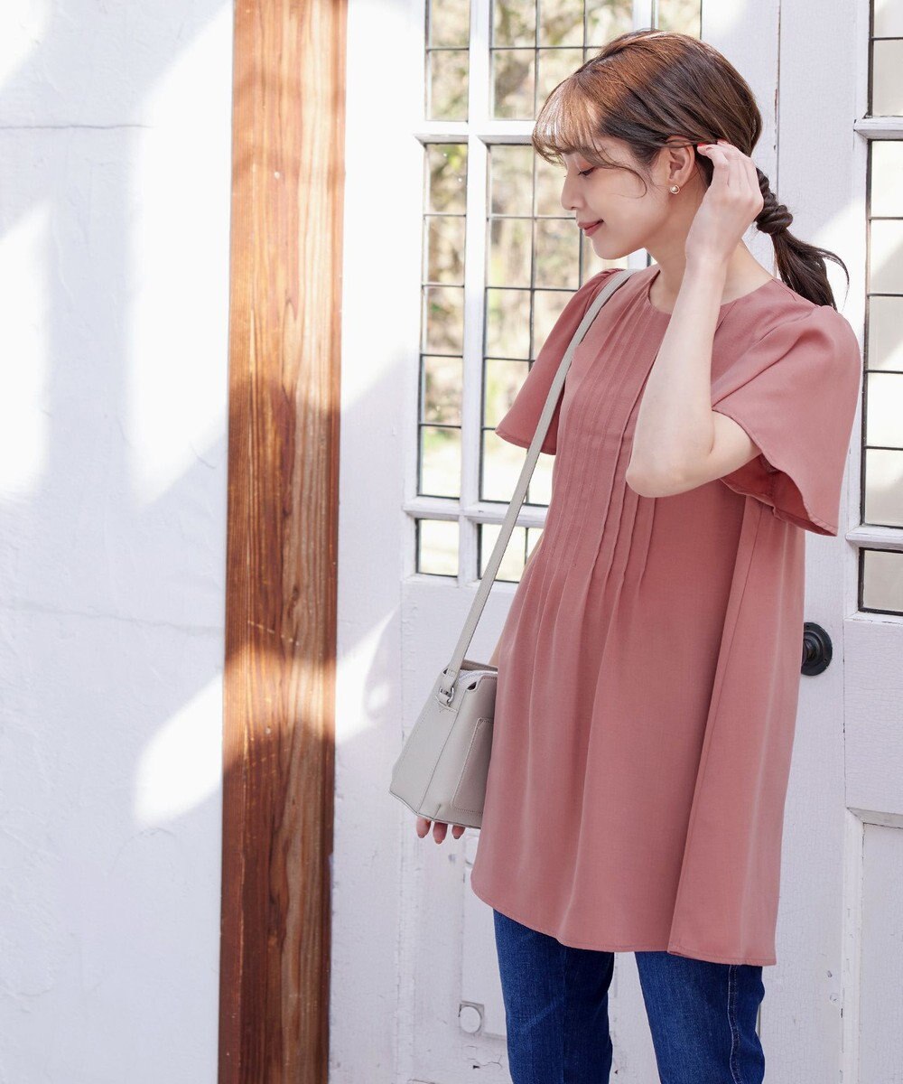 Tiaclasse L 【洗える】麻調ピンタックチュニックブラウス 