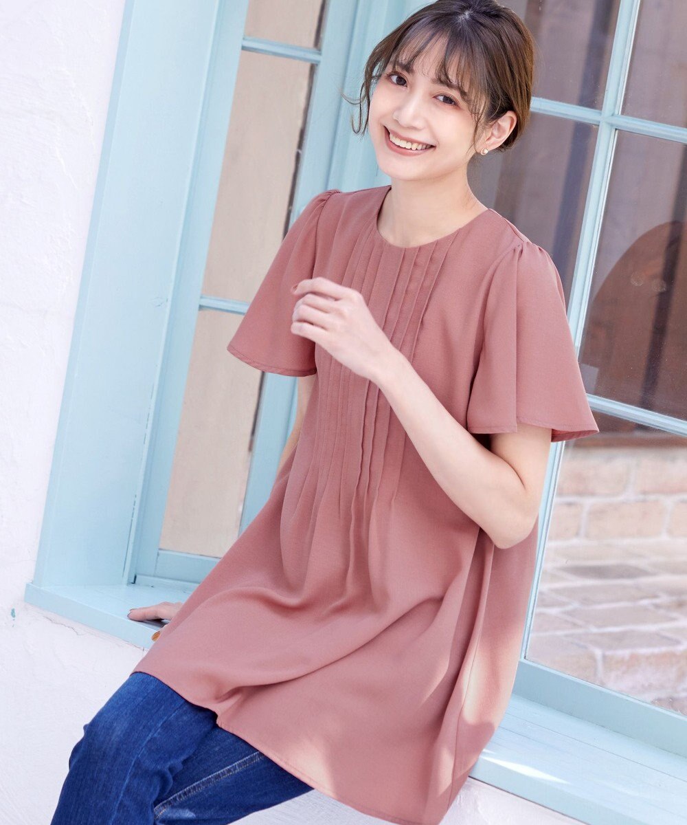 Tiaclasse L 【洗える】麻調ピンタックチュニックブラウス 