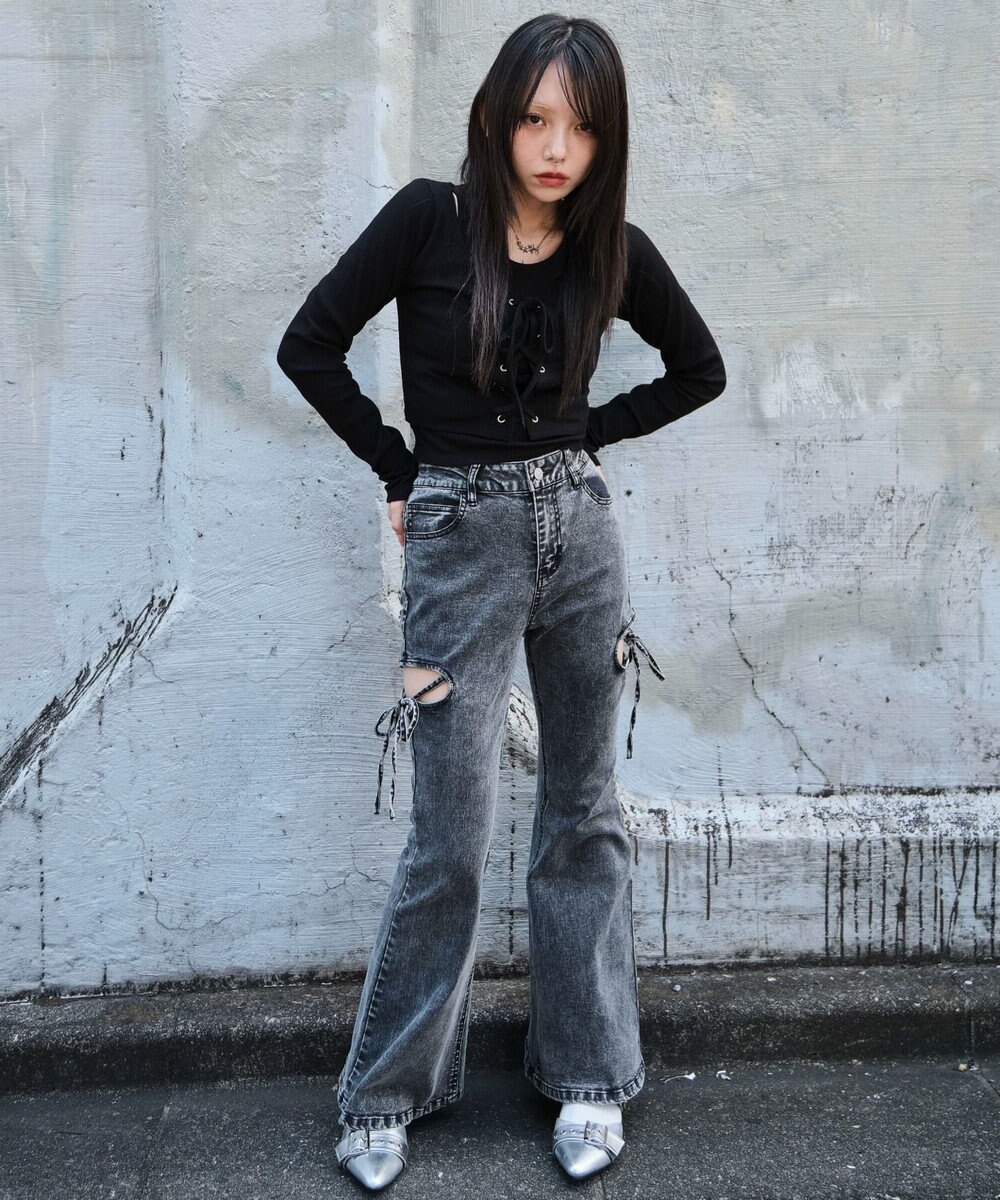 WEGO カットアウトリボンストレッチデニムフレアパンツ 