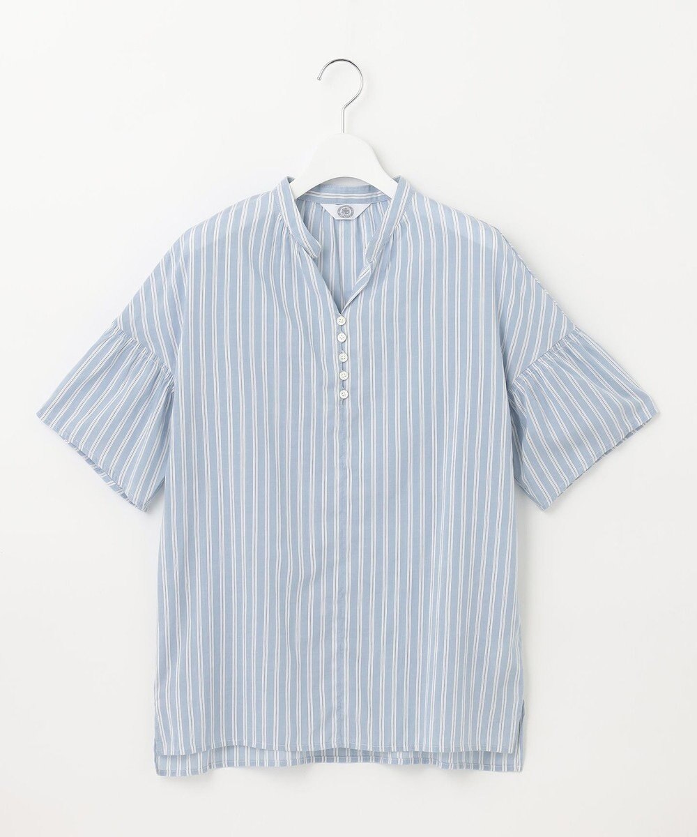 J.PRESS LADIES 【洗える】綿キュプラコードストライプ キーネック ブラウス 