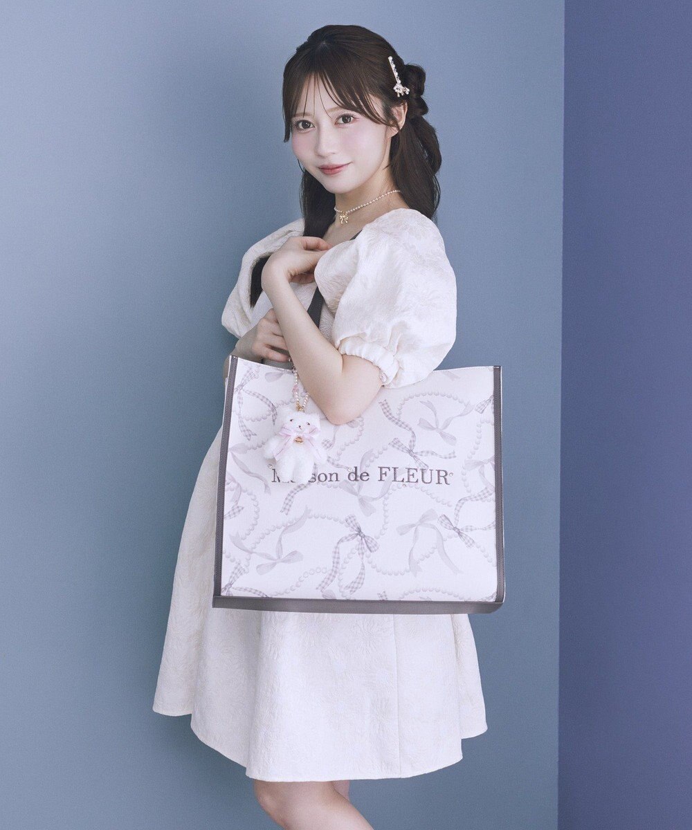 Maison de FLEUR リボンパールプリントマルチポケットトートバッグ 