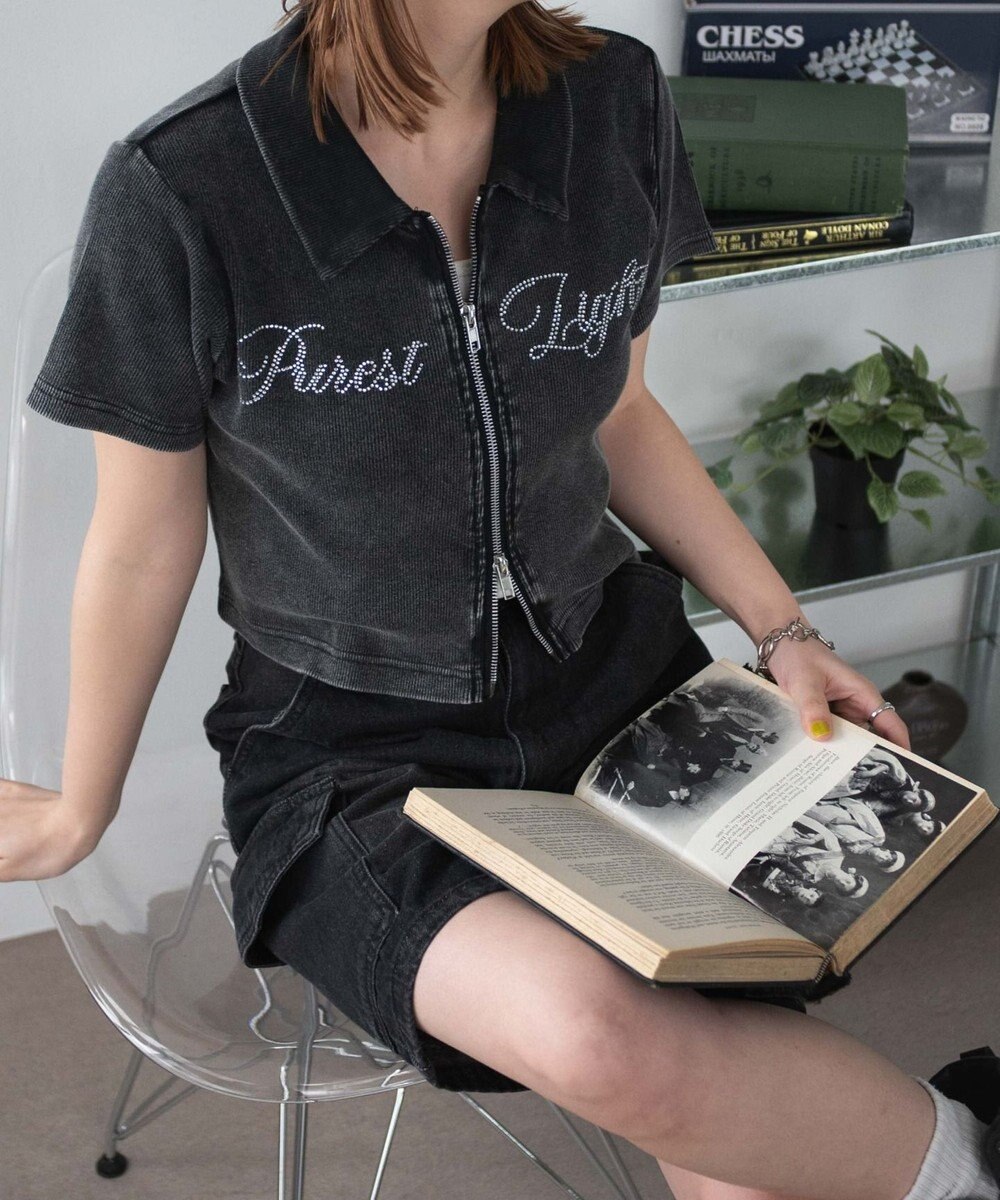 WEGO ラインストーンロゴWZIPトップス 