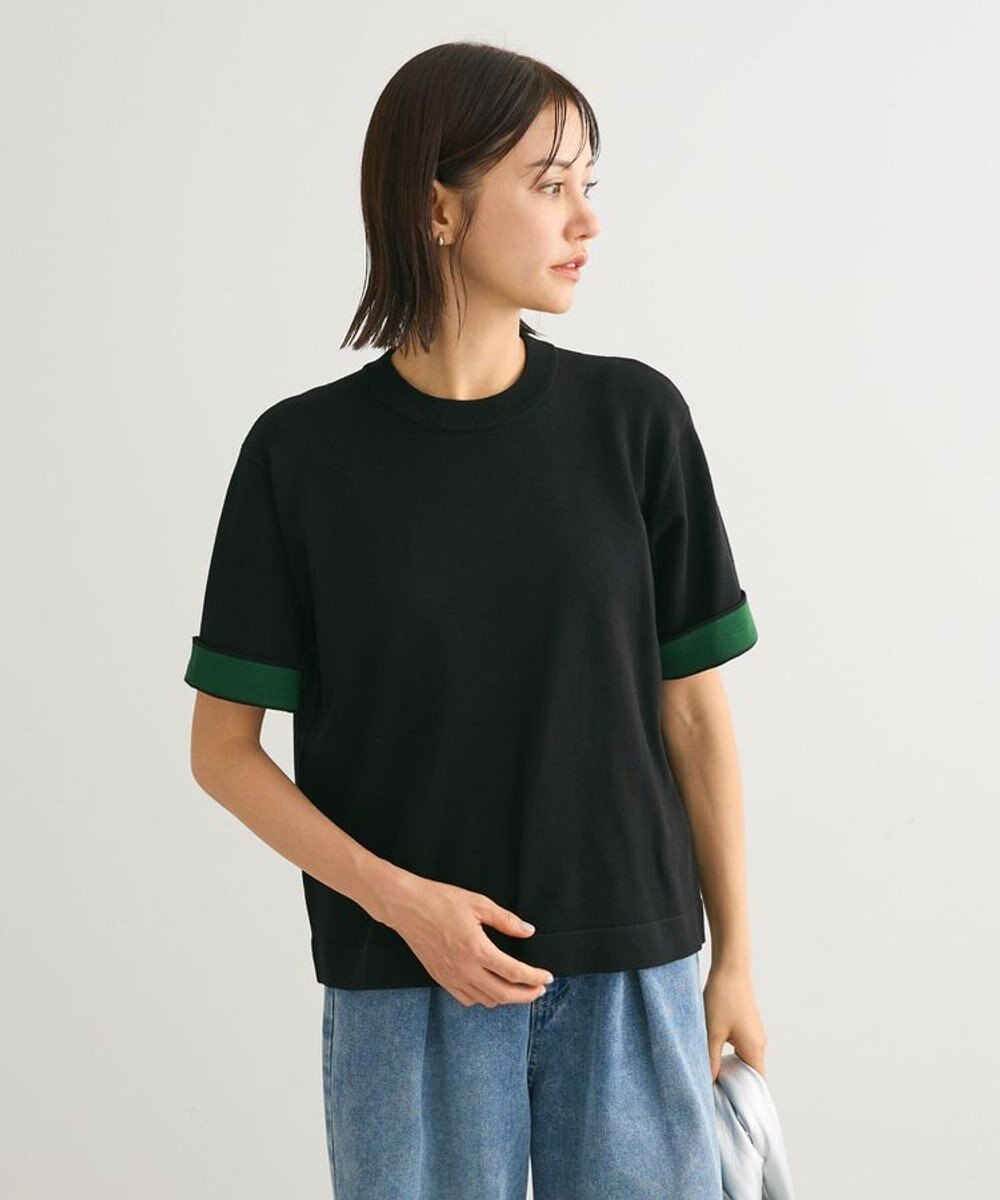 Green Parks 袖裏配色５分袖ニットプルオーバー 