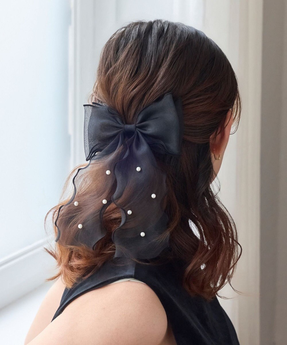 Phoebe フレアリボンドットパールヘアゴム　ブラック 