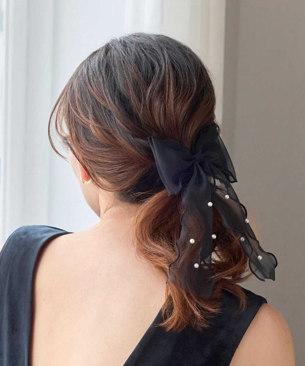 Phoebe フレアリボンドットパールヘアゴム　ブラック 