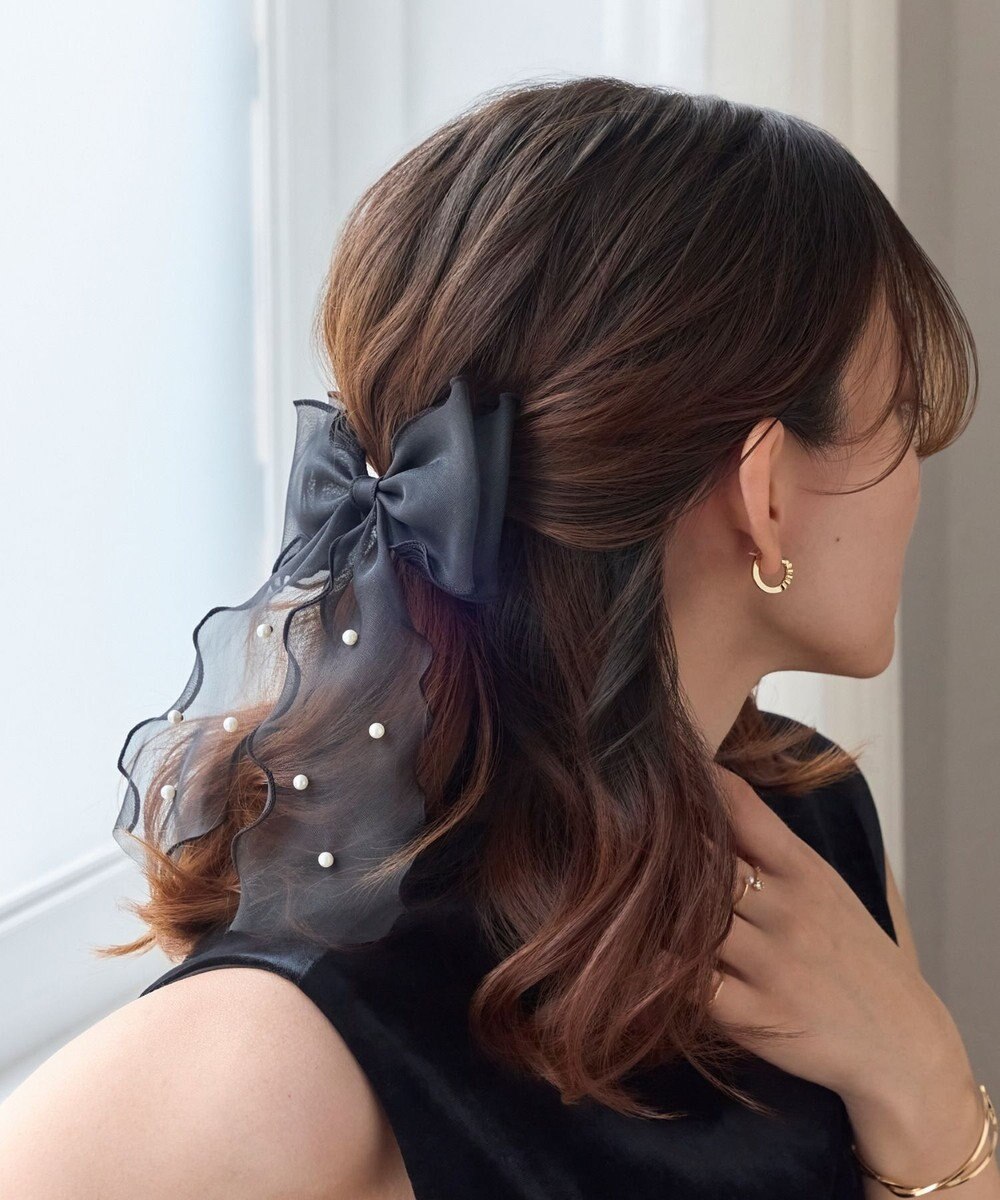 Phoebe フレアリボンドットパールヘアゴム　ブラック 
