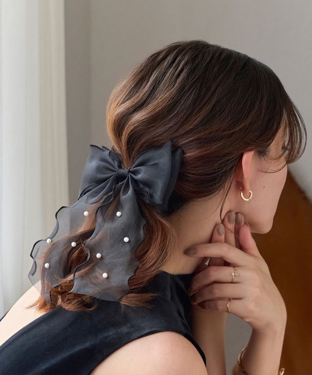 Phoebe フレアリボンドットパールヘアゴム　ブラック 