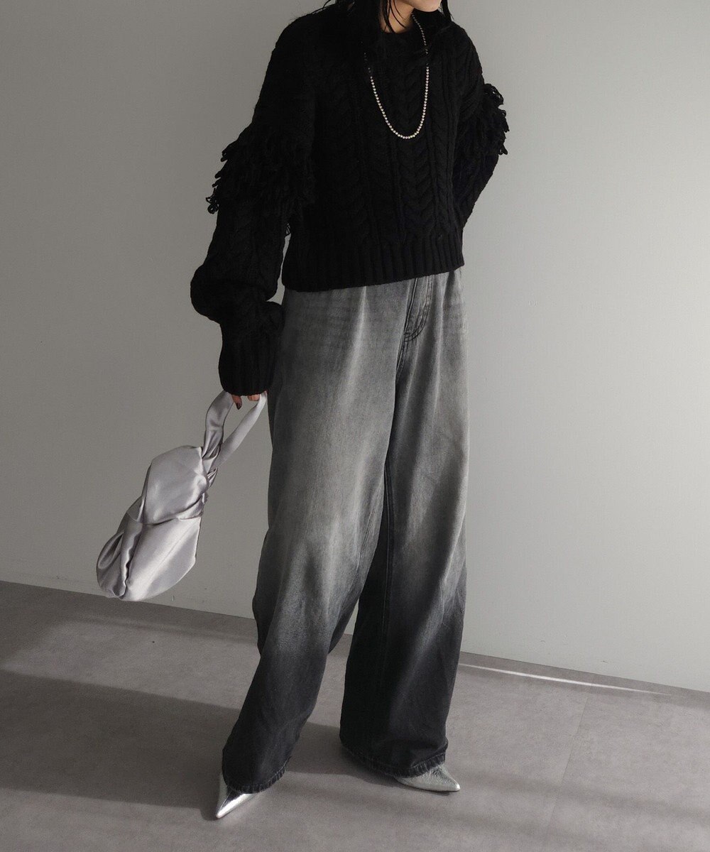 Green Parks フリンジスリーブショート丈ケーブルニット 