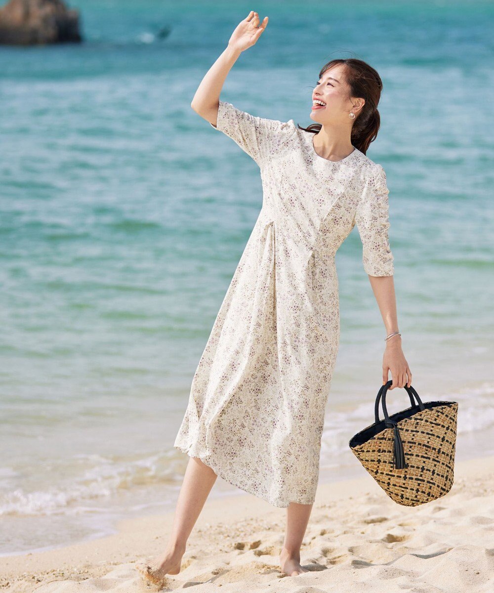 Tiaclasse L 【洗える】ギャザースリーブ花柄ワンピース 