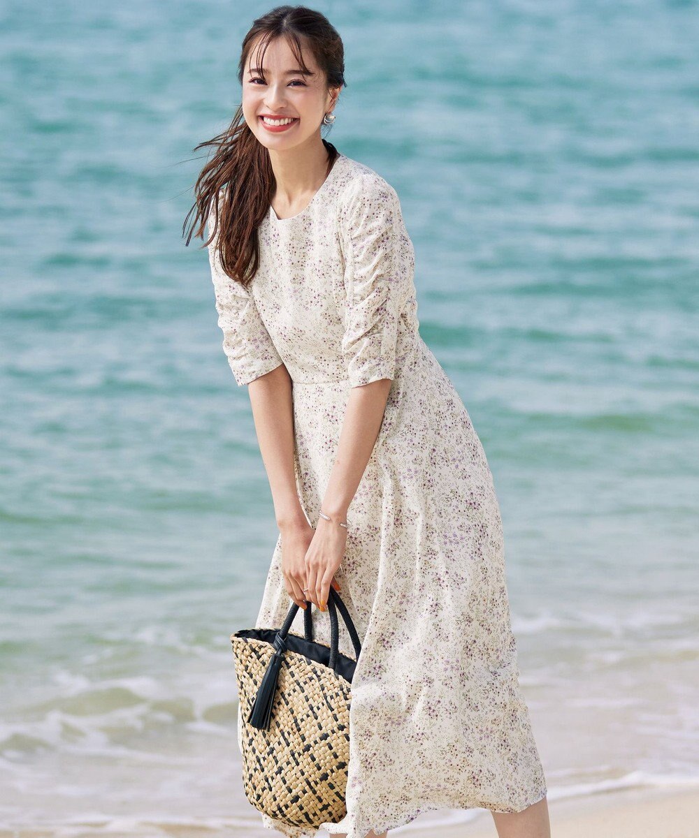 Tiaclasse 【洗える】ギャザースリーブ花柄ワンピース 